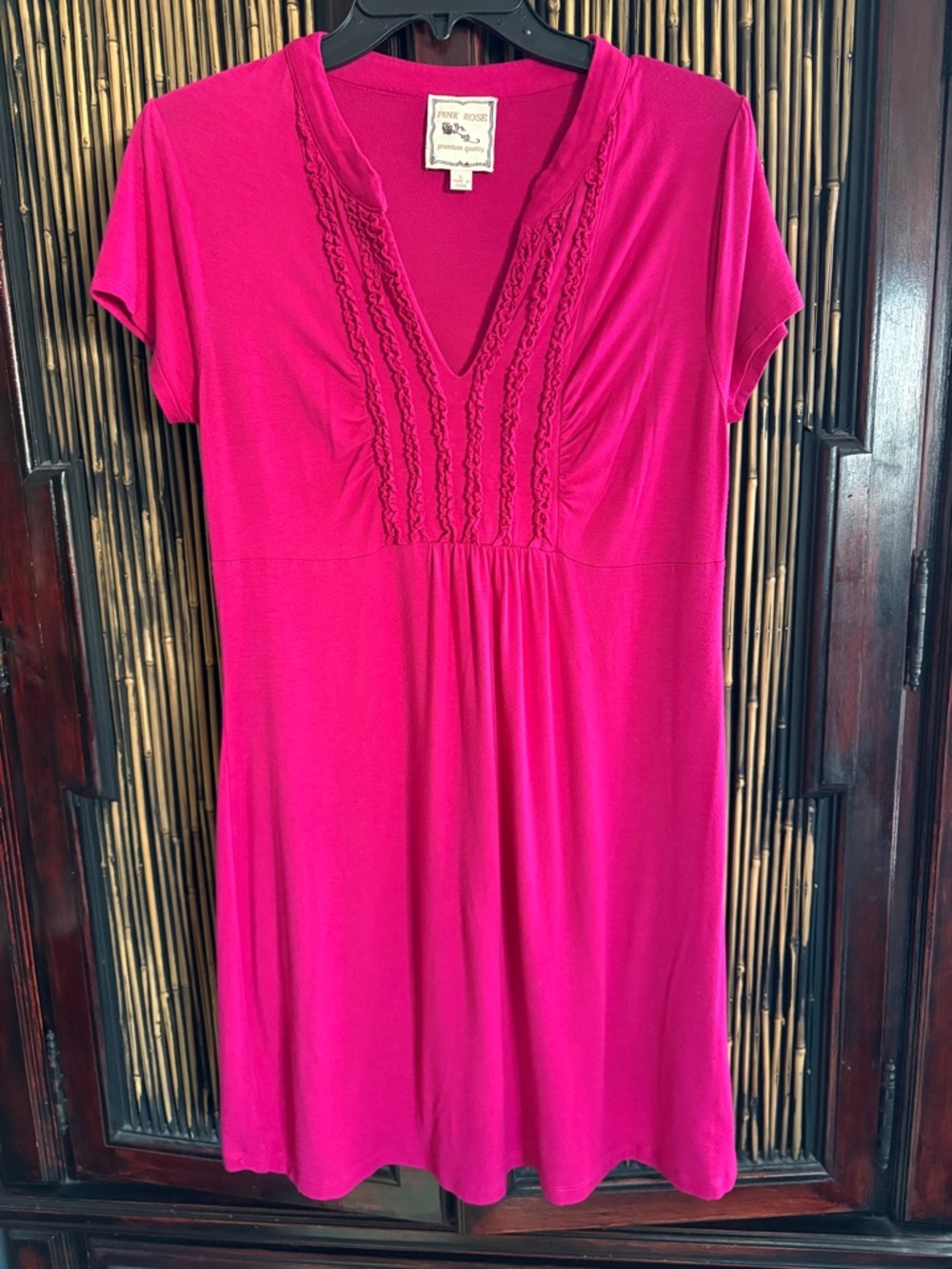 Hot Pink V-Neck Pintuck Ruffle Women’s Midi Dress Jrs L